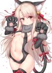  1girl absurdres animal_ears areola_slip areolae bell black_gloves blonde_hair blush breasts cameltoe cat_ears cat_tail closed_mouth covered_nipples cowboy_shot elbow_gloves fate/kaleid_liner_prisma_illya fate_(series) fur_collar fur_trim gala_(16901040) gloves hair_bell hair_ornament hair_ribbon highres illyasviel_von_einzbern long_hair looking_at_viewer orange_eyes paw_gloves paws red_ribbon revealing_clothes ribbon simple_background small_breasts solo standing stomach tail white_background 