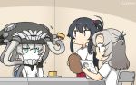  3girls alternate_costume black_hair cake commentary_request dated food glass green_eyes grey_hair hair_tie hamu_koutarou headgear highres kantai_collection kinugasa_(kantai_collection) long_hair medium_hair multiple_girls one_side_up pale_skin ponytail reading red_eyes remodel_(kantai_collection) shinkaisei-kan shirt sidelocks t-shirt table teeth tentacles tray white_shirt white_skin wo-class_aircraft_carrier yahagi_(kantai_collection) 