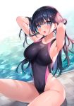  1girl :o armpits arms_behind_head arms_up ayamy bare_arms bare_shoulders black_hair black_swimsuit blue_eyes breasts competition_swimsuit covered_navel hair_ornament highleg highleg_swimsuit highres large_breasts long_hair looking_at_viewer miyawaki_sana multicolored_hair one-piece_swimsuit open_mouth original poolside sitting solo swimsuit thighs tongue tongue_out two-tone_hair water wet x_hair_ornament 