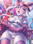  accessory anthro blush bottomwear bow city clothed clothing clothing_lift day eeveelution female genitals hair hair_accessory hair_bow hair_ribbon hi_res looking_at_viewer macaronneko nintendo nipples open_mouth outside pink_hair pok&eacute;mon pok&eacute;mon_(species) pussy ribbons skirt slightly_chubby solo sylveon thick_thighs video_games white_body 