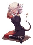  /\/\/\ 1girl absurdres black_footwear black_jacket black_skirt blush book boots breasts bright_pupils demon_girl demon_horns demon_tail english_text from_side full_body helltaker highres holding holding_book horns jacket knee_boots kyota07 long_sleeves looking_at_viewer looking_to_the_side medium_breasts miniskirt modeus_(helltaker) open_mouth pantyhose red_eyes red_legwear red_sweater short_hair side_slit silver_hair simple_background sitting skirt sleeves_past_wrists solo surprised sweat sweater tail turtleneck turtleneck_sweater white_background wide-eyed yokozuwari 