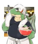  2020 anthro belly bodily_fluids clothing dragon food green_body hi_res kemono male nekodon_san overweight overweight_male scalie shirt solo sweat topwear towel 