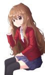  1girl aisaka_taiga bangs black_legwear blush brown_eyes brown_hair commentary_request eyebrows_visible_through_hair frown hand_in_hair hand_on_own_leg highres jacket long_hair long_sleeves looking_at_viewer oohashi_high_school_uniform pleated_skirt rapter30855 red_jacket red_ribbon ribbon school_uniform shirt simple_background skirt solo thighhighs toradora! white_background white_shirt 