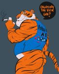  2020 ? anthro balls belly burrnie clothing felid fur genitals hi_res humanoid_hands male mammal orange_body orange_fur overweight overweight_male pantherine shere_khan shirt simple_background solo tiger topwear 