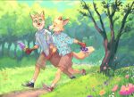  2020 adonyne aloha_shirt anthro bottomwear canid canine cheek_tuft clothed clothing detailed_background duo facial_tuft flower footwear fox fully_clothed fur gloves_(marking) grass green_eyes grin hand_holding head_tuft hi_res holding_flower holding_object light lighting male mammal markings outside plant shoes shorts smile tree tuft walking yellow_body yellow_fur 