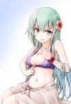  1girl bikini bikini_pull breasts cleavage collarbone eyebrows_visible_through_hair flower gradient gradient_background green_eyes green_hair hair_between_eyes hair_flower hair_ornament kantai_collection large_breasts long_hair meihemu navel pink_flower pulled_by_self purple_bikini sarong smile solo suzuya_(kantai_collection) swimsuit tongue tongue_out v-shaped_eyebrows white_sarong 