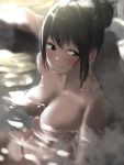  1girl black_hair blush breasts brown_eyes closed_mouth eyebrows_visible_through_hair hair_between_eyes hair_bun highres in_water large_breasts long_hair looking_at_viewer mole mole_on_breast nude onsen original sitting smile solo steam tama_(seiga46239239) water water_drop wet 