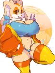  2020 aged_up anthro big_breasts breasts cleavage clothed clothing cream_the_rabbit digital_media_(artwork) dipstick_ears female geeflakes gesture hi_res jacket lagomorph legwear leporid looking_at_viewer mammal multicolored_ears open_mouth open_smile rabbit signature smile solo sonic_the_hedgehog_(series) topwear underwear v_sign 