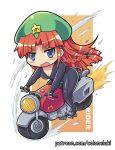  1girl beret blue_eyes blush_stickers bow braid breasts catsuit chibi cleavage colonel_aki commentary_request english_text eyebrows_visible_through_hair fingerless_gloves gloves ground_vehicle hair_bow hat hong_meiling long_hair motor_vehicle motorcycle open_mouth partially_unzipped red_hair riding smile solo star tight touhou 