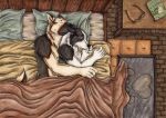  anthro bed bed_sheet bedding book border_collie canid canine canis collie cuddling domestic_dog duo eyewear floor_mat furniture german_shepherd glasses herding_dog kola_(artist) male male/male mammal nightstand on_bed pastoral_dog pillow sheepdog sleeping spooning under_covers wood_floor 