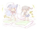  2girls barefoot chibi closed_eyes eyebrows_visible_through_hair fudeyama_(fudeco) futon grey_hair headgear highres kantai_collection legwear_removed light_blue_hair long_hair multiple_girls murakumo_(kantai_collection) orange_eyes pillow_fight remodel_(kantai_collection) smile usugumo_(kantai_collection) very_long_hair 