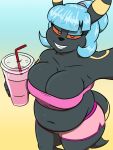  americananomaly_(artist) anthro belly beverage black_body black_fur blue_hair bottomwear breasts clothing eeveelution female fur hair hi_res holding_object looking_at_viewer milkshake nintendo overweight overweight_female pants pok&eacute;mon pok&eacute;mon_(species) ponytail simple_background smile solo teeth thick_thighs umbreon video_games 