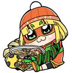  1girl :3 arms_(game) bangs beanie bkub blonde_hair blush bowl chibi commentary dragon_(arms) eyebrows_visible_through_hair eyebrows_visible_through_mask food full_body green_eyes hat highres holding holding_bowl knit_hat megawatt_(arms) min_min_(arms) noodles orange_headwear ramen simple_background sitting solo white_background 
