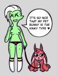  &lt;3 2020 alien alien_humanoid all_fours angry anthro black_eyes black_sclera blush breasts buckteeth clothed clothing collar conditional_dnp dialogue digital_media_(artwork) disney dottii duo english_text fan_character female female/female flat_chested floppy_ears freckles fur green_body green_nipples grey_background hair hi_res horn humanoid jackalope lagomorph leash legwear lord_dominator mammal mohawk_(hairstyle) nipples panties petplay pink_sclera red_body red_fur red_nipples roleplay simple_background size_difference smile socks speech_bubble spiked_collar spikes teeth text underwear wander_over_yonder white_hair 