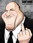  1boy artist_name black_hair black_jacket black_neckwear black_suit blush brown_eyes caricature caucasian character_name chin copyright_name dated dimple double_chin face facial_hair fingernails forehead formal gangster grin jacket james_gandolfini looking_at_viewer mafia male_focus middle_finger naver_username necktie nose shirt shirt_under_jacket smile solo stubble suit suit_jacket teeth the_sopranos yanggoon 