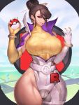  1girl asymmetrical_legwear belt breasts brown_eyes brown_hair cameltoe character_request covered_navel curvy elbow_gloves fumio_(rsqkr) gloves hair_bun highres large_breasts lips lipstick long_hair makeup poke_ball pokemon solo team_rocket wide_hips 