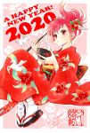  1girl 2020 border bowl chinese_zodiac chopsticks commentary_request dated earrings english_text equuleus_shoko floral_background flower full_body hair_flower hair_ornament happy_new_year holding holding_bowl holding_chopsticks japanese_clothes jewelry kimono kuori_chimaki long_hair mochi mouse new_year outside_border pink_eyes ponytail print_kimono red_hair saint_seiya saint_seiya_saintia_sho sandals signature solo tabi white_border white_legwear wing_hair_ornament year_of_the_rat 