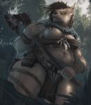 absurd_res anthro armor axe blue_eyes bone breasts ear_piercing exposed_breasts facial_piercing fangs female fur hi_res izrez jyta low-angle_view melee_weapon musclegut nipple_piercing nipples nose_piercing nose_ring one_breast_out overweight overweight_female piercing portrait slightly_chubby tagme thick_thighs three-quarter_portrait unconvincing_armor weapon whiskers 