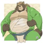  2020 anthro asian_clothing belly brown_body brown_fur canid canine clothing east_asian_clothing exe_exem fundoshi fur gyobu humanoid_hands japanese_clothing kemono male mammal moobs overweight overweight_male raccoon_dog robe scar solo tanuki tokyo_afterschool_summoners underwear undressing video_games 