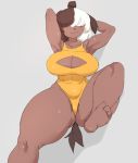  anthro audunor big_breasts breasts canid canine canis cleavage cleavage_cutout clothed clothing domestic_dog female hair_over_eyes mammal one-piece_swimsuit pose simple_background solo swimwear 