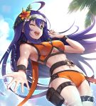  1girl bikini blue_hair blue_sky breasts day fire_emblem fire_emblem:_radiant_dawn fire_emblem_heroes flower gonzarez green_eyes hair_flower hair_ornament hairband highres long_hair mia_(fire_emblem) one_eye_closed open_mouth orange_bikini outdoors sky solo swimsuit thigh_strap underboob white_hairband 