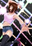  1girl :d absurdres arm_up bare_shoulders belt blush bracelet breasts brown_hair casual cleavage dancing denim denim_shorts high_heels highres jewelry large_breasts mazaki_anzu midriff muto_dt navel open_mouth pink_tank_top short_hair short_shorts shorts sleeveless smile solo stomach sweatdrop tank_top thighhighs yuu-gi-ou 