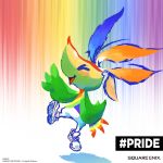 1:1 ambiguous_gender anthro avian blush clothing eyes_closed feathers footwear happy hi_res lgbt_pride multicolored_body multicolored_feathers official_art open_mouth pride_mascot_(square_enix) rainbow_background shoes simple_background solo square_enix toshiyuki_itahana video_games wings 