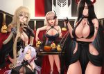  4girls aiguillette alcohol arm_under_breasts armlet azur_lane bare_shoulders bismarck_(azur_lane) black_choker black_dress black_gloves black_hair blonde_hair blue_eyes bottle breasts brown_eyes choker cleavage closed_eyes closed_mouth crossed_legs cup dress drinking_glass english_commentary epaulettes fingerless_gloves friedrich_der_grosse_(azur_lane) gloves hair_between_eyes hair_over_one_eye hair_ribbon halterneck hat highres ice ice_cube index_finger_raised indoors iron_blood_(emblem) large_breasts long_hair looking_at_viewer lying manjuu_(azur_lane) medium_hair multicolored_hair multiple_girls on_back parted_lips partly_fingerless_gloves party_hat prinz_eugen_(azur_lane) ribbon roon_(azur_lane) see-through silver_hair sitting sleeping streaked_hair thighs two_side_up very_long_hair wine_glass yellow_eyes zaphn 