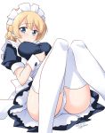  1girl alternate_costume apron back_bow bangs black_dress blonde_hair blue_eyes bow braid breasts commentary crotch_seam darjeeling_(girls_und_panzer) dated dress enmaided eyebrows_visible_through_hair girls_und_panzer highres kuzuryuu_kennosuke lace lace-trimmed_panties large_bow light_blush light_smile looking_at_viewer lying maid maid_apron maid_headdress medium_breasts on_back panties parted_lips puffy_short_sleeves puffy_sleeves short_dress short_hair short_sleeves simple_background solo thighhighs tied_hair twitter_username underwear white_apron white_background white_legwear white_panties wrist_cuffs 