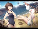  3girls ahoge any_(lucky_denver_mint) ass bangs bare_arms bare_legs bare_shoulders barefoot beach blue_sky blush bracelet breasts brown_eyes brown_hair cloud collarbone commentary_request day eyebrows_visible_through_hair fairy_(kantai_collection) flower hair_flower hair_ornament hairclip hand_on_hip horizon i-401_(kantai_collection) jewelry kantai_collection long_hair looking_at_viewer multiple_girls ocean one-piece_swimsuit one-piece_tan open_mouth orange_sailor_collar outdoors palm_tree ponytail ro-500_(kantai_collection) rock sailor_collar sand school_swimsuit short_hair short_ponytail side-tie_shirt sitting sky smile standing swimsuit tan tanline tree water 