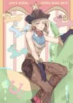  1girl blonde_hair blue_eyes boots chaps cowboy cowboy_boots cowboy_hat hat jojo_no_kimyou_na_bouken long_hair lucy_steel one_eye_closed sleeveless solo steel_ball_run tagme western yepnean 