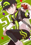  1boy backpack bag baseball_cap black_hair black_headwear black_pants boots closed_mouth commentary_request green_background hand_up hat holding holding_poke_ball jacket long_sleeves looking_at_viewer lucas_(pokemon) male_focus pants poke_ball poke_ball_(basic) pokemon pokemon_(game) pokemon_bdsp sbj_rocketlink short_hair smile solo sparkle split_mouth white_footwear 
