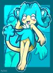  2016 3_toes 5_fingers anthro blue_body blue_hair blue_inner_ear blush eyelashes eyes_closed female fingers hair mammal mutuki nintendo open_mouth open_smile pok&eacute;mon pok&eacute;mon_(species) primate signature simipour smile solo standing toes tongue tuft video_games yellow_body 