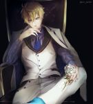  1boy ahoge alternate_costume arthur_pendragon_(fate) blonde_hair blue_neckwear chair covering_mouth fate/grand_order fate_(series) flower green_eyes hair_between_eyes hand_over_own_mouth holding holding_flower jacket_on_shoulders leg_up looking_at_viewer male_focus necktie pants pvc_parfait sitting solo vest white_flower white_pants 