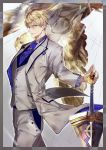  1boy ahoge arthur_pendragon_(fate) blonde_hair blue_eyes blue_neckwear excalibur_(fate/prototype) fate/grand_order fate_(series) formal from_side gradient gradient_background hair_between_eyes holding looking_at_viewer male_focus necktie pants pixiv_fate/grand_order_contest_2 pvc_parfait shiny shiny_hair smile solo standing suit sword weapon white_suit 