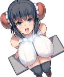  1girl bangs black_hair black_legwear breasts bun_cover covered_nipples double_bun eyebrows_visible_through_hair from_above highres huge_breasts leotard looking_at_viewer masao open_mouth original short_hair sitting sleeveless solo thighhighs tongue tongue_out white_background 