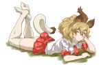  1girl animal_ear_fluff animal_ears bangs blonde_hair brown_hair elbow_rest feet_up full_body fur_collar hair_between_eyes highres kemono_friends lion_(kemono_friends) lion_ears lion_tail looking_at_viewer lying multicolored_hair necktie no_shoes on_stomach orange_eyes plaid plaid_neckwear plaid_skirt plaid_trim shirt short_hair short_sleeves simple_background skirt solo tail tanabe_(fueisei) the_pose thighhighs two-tone_hair white_background white_legwear white_shirt 