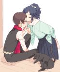  2boys black_cat black_hair black_pants blush brown_hair cat closed_eyes earrings forehead_kiss hakama holding_hands japanese_clothes jewelry kashuu_kiyomitsu kiss male_focus mole mole_under_eye multiple_boys pants plico_(nicoma) ponytail red_eyes red_scarf scarf sitting touken_ranbu waistcoat white_scarf yamato-no-kami_yasusada yaoi 