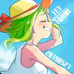  1girl 2019 arm_at_side bare_arms bare_shoulders blue_sky blurry blush bokeh character_name clenched_teeth close-up closed_eyes cloud cloudy_sky condensation_trail day depth_of_field floating_hair from_side furrowed_eyebrows green_hair grin gumi hand_on_headwear hand_up happy hat outdoors profile raputsue red_ribbon ribbon shirt short_hair shoulder_blush sky sleeveless sleeveless_shirt smile solo straw_hat summer sun_hat sunlight sweat teeth upper_body very_short_hair vocaloid white_shirt 