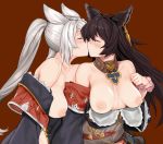  2girls animal_ears artist_request black_hair blush breasts breasts_apart breasts_outside closed_eyes commentary_request erune fraux granblue_fantasy jewelry kiss large_breasts long_hair multicolored_hair multiple_girls nier_(granblue_fantasy) nipples red_background scrunchie silver_hair simple_background single_earring two-tone_hair wrist_scrunchie yuri 