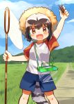  1girl :d alternate_costume arm_up black_hair blue_shorts blue_sky blush brown_eyes bug butterfly_net cloud common_raccoon_(kemono_friends) day fang grass grey_hair hand_net hat highres kemono_friends multicolored_hair open_mouth outdoors raccoon_tail raglan_sleeves road shirt short_hair shorts sky smile solo straw_hat suicchonsuisui sun_hat t-shirt tail 
