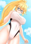  1girl absurdres artist_request bangs bare_shoulders bikini blonde_hair blue_eyes blue_sky blush breasts covered_navel fate/grand_order fate_(series) glasses hand_on_own_chest highleg highleg_swimsuit highres jeanne_d&#039;arc_(fate)_(all) jeanne_d&#039;arc_(swimsuit_archer) large_breasts long_hair looking_at_viewer one-piece_swimsuit open_mouth ponytail sky swimsuit thighs wet white_bikini 