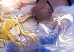  1boy 1girl blonde_hair blue_sweater caenis_(fate) collared_shirt fate/grand_order fate_(series) highres kirschtaria_wodime long_hair lying on_back on_bed purple_eyes shirt sweater tsengyun white_shirt 