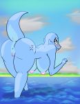  absurd_res anthro anus bent_over big_breasts blue_body blue_eyes breasts cel_shading cloud dododragon56 embarrassed female genitals hi_res humanoid kobold looking_back nipples pussy pussy_blush reptile scalie sea solo stella_(dododragon56) under_boob walking water wide_hips 