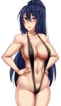  1girl bangs bare_shoulders black_swimsuit blue_hair blush breasts cleavage collarbone commentary cowboy_shot english_commentary eyebrows_visible_through_hair hair_between_eyes hands_on_hips jin_sahyuk large_breasts long_hair looking_at_viewer navel ponytail red_eyes simple_background slingshot_swimsuit solo swimsuit the_novels_extra twrlare v-shaped_eyebrows very_long_hair white_background 