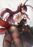  1girl animal_ears arm_cuffs ass bangs bare_shoulders black_gloves black_legwear black_leotard breasts bullpup bunny_ears bunny_girl bunny_tail bunnysuit cleavage_cutout cowboy_shot eyebrows_visible_through_hair fake_animal_ears fake_tail fishnets from_below from_side girls_frontline gloves gun gun_case hair_ribbon holding holding_weapon large_breasts leotard long_hair looking_at_viewer necktie purple_hair qian_wu_atai red_eyes red_neckwear red_ribbon ribbon rifle side_ponytail sideboob sniper_rifle solo strapless strapless_leotard tail thigh_strap thighs wa2000_(girls_frontline) walther walther_wa_2000 weapon white_background 