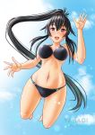 1girl absurdres barefoot bikini black_bikini black_hair blue_sky breasts character_name cloud commentary_request highres jumping kantai_collection large_breasts long_hair looking_at_viewer navel ponytail red_eyes scrunchie sidelocks sky skypixter smile solo swimsuit yahagi_(kantai_collection) 