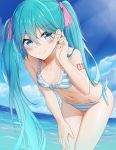  1girl aqua_hair bare_arms bare_shoulders bibboss39 bikini blue_bikini blue_eyes blurry breasts cleavage cloud collarbone day depth_of_field frilled_bikini frills front-tie_bikini front-tie_top hair_between_eyes hair_ribbon hand_on_own_thigh hatsune_miku highres leaning_forward long_hair looking_at_viewer medium_breasts navel ocean outdoors ribbon side-tie_bikini smile solo standing stomach striped striped_bikini sunlight swimsuit tattoo thighs twintails very_long_hair vocaloid water 