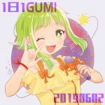  1girl 2019 \m/ alternate_costume blush bracelet character_name close-up collarbone dot_nose eyebrows_visible_through_hair fingernails floating_hair green_eyes green_hair grey_background gumi hand_up happy holding holding_microphone jewelry looking_at_viewer microphone one_eye_closed open_mouth orange_ribbon planet planetary_ring purple_background raputsue ribbon saturn_(planet) shiny shiny_hair shirt short_hair short_hair_with_long_locks simple_background smile solo sparkle star_(symbol) tareme teeth upper_body upper_teeth very_short_hair vocaloid yellow_shirt 
