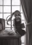  1girl bangs book chair clenched_hand commentary_request curtains desk dress eyebrows_visible_through_hair facial_scar greyscale hair_ribbon highres holding holding_book indoors kantai_collection kasumi_(kantai_collection) kneehighs kurau476 long_hair long_sleeves monochrome paper papers pinafore_dress ponytail remodel_(kantai_collection) ribbon scar scar_on_cheek scowl shaded_face shirt side_ponytail standing window 